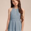 Junior Bridesmaid Dresses | A-line Halter Asymmetrical Chiffon Junior Bridesmaid Dress With Pleated Dusty Blue – Girls