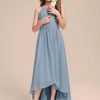 Junior Bridesmaid Dresses | A-line Halter Asymmetrical Chiffon Junior Bridesmaid Dress With Pleated Dusty Blue – Girls