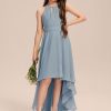 Junior Bridesmaid Dresses | A-line Halter Asymmetrical Chiffon Junior Bridesmaid Dress With Pleated Dusty Blue – Girls