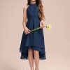 Junior Bridesmaid Dresses | A-line Halter Asymmetrical Chiffon Junior Bridesmaid Dress With Pleated Navy Blue – Girls