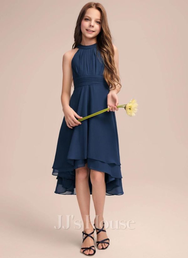 Junior Bridesmaid Dresses | A-line Halter Asymmetrical Chiffon Junior Bridesmaid Dress With Pleated Navy Blue – Girls