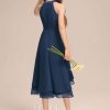 Junior Bridesmaid Dresses | A-line Halter Asymmetrical Chiffon Junior Bridesmaid Dress With Pleated Navy Blue – Girls