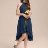 Junior Bridesmaid Dresses | A-line Halter Asymmetrical Chiffon Junior Bridesmaid Dress With Pleated Navy Blue – Girls