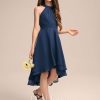 Junior Bridesmaid Dresses | A-line Halter Asymmetrical Chiffon Junior Bridesmaid Dress With Pleated Navy Blue – Girls