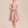 Junior Bridesmaid Dresses | A-line Halter Asymmetrical Chiffon Lace Junior Bridesmaid Dress With Cascading Ruffles Dusty Rose – Girls