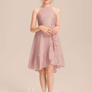 Junior Bridesmaid Dresses | A-line Halter Asymmetrical Chiffon Lace Junior Bridesmaid Dress With Cascading Ruffles Dusty Rose – Girls