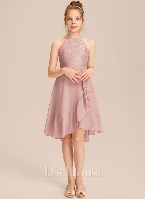 Junior Bridesmaid Dresses | A-line Halter Asymmetrical Chiffon Lace Junior Bridesmaid Dress With Cascading Ruffles Dusty Rose – Girls