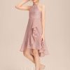 Junior Bridesmaid Dresses | A-line Halter Asymmetrical Chiffon Lace Junior Bridesmaid Dress With Cascading Ruffles Dusty Rose – Girls