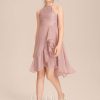 Junior Bridesmaid Dresses | A-line Halter Asymmetrical Chiffon Lace Junior Bridesmaid Dress With Cascading Ruffles Dusty Rose – Girls