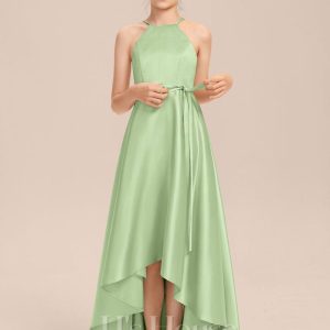 Junior Bridesmaid Dresses | A-line Halter Asymmetrical Satin Junior Bridesmaid Dress Celadon – Girls