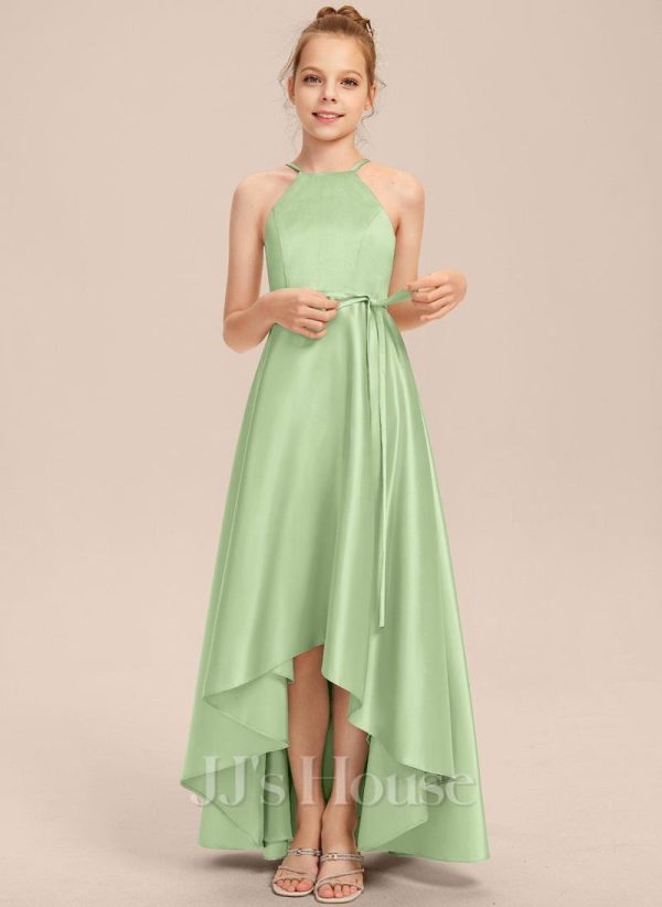 Junior Bridesmaid Dresses | A-line Halter Asymmetrical Satin Junior Bridesmaid Dress Celadon – Girls