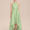 Junior Bridesmaid Dresses | A-line Halter Asymmetrical Satin Junior Bridesmaid Dress Celadon – Girls