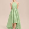 Junior Bridesmaid Dresses | A-line Halter Asymmetrical Satin Junior Bridesmaid Dress Celadon – Girls