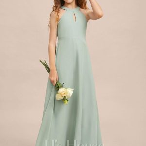 Junior Bridesmaid Dresses | A-line Halter Floor-Length Chiffon Junior Bridesmaid Dress Agave – Girls