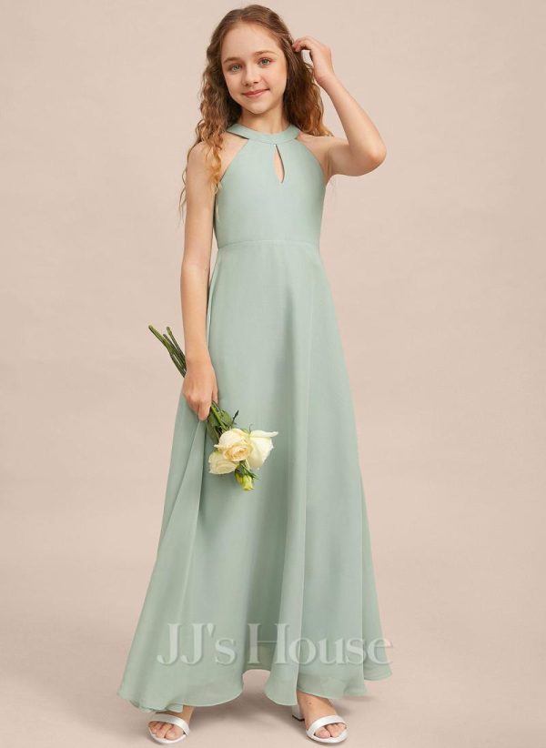 Junior Bridesmaid Dresses | A-line Halter Floor-Length Chiffon Junior Bridesmaid Dress Agave – Girls