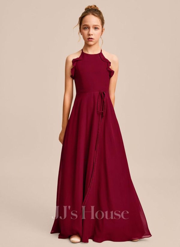 Junior Bridesmaid Dresses | A-line Halter Floor-Length Chiffon Junior Bridesmaid Dress Burgundy – Girls