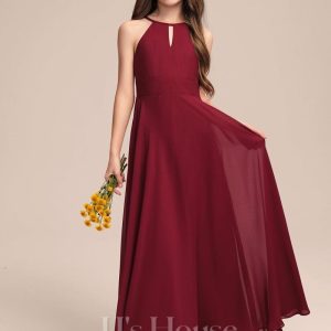 Junior Bridesmaid Dresses | A-line Halter Floor-Length Chiffon Junior Bridesmaid Dress Burgundy – Girls