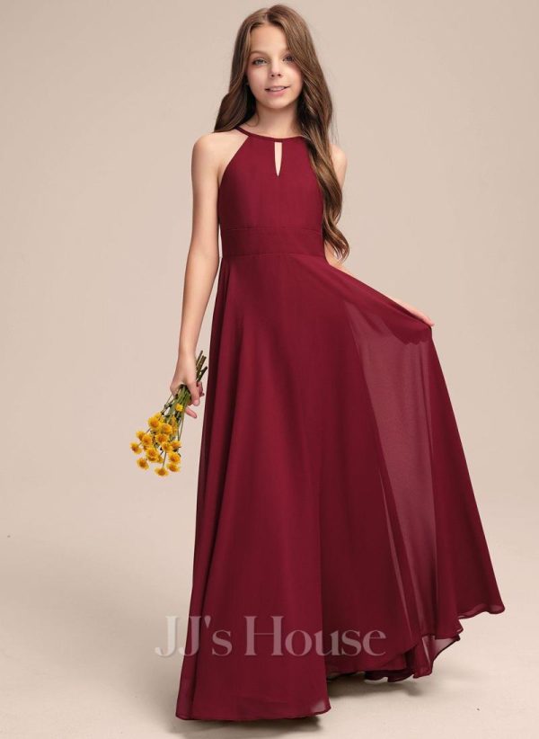 Junior Bridesmaid Dresses | A-line Halter Floor-Length Chiffon Junior Bridesmaid Dress Burgundy – Girls