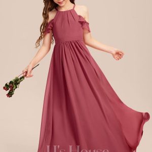 Junior Bridesmaid Dresses | A-line Halter Floor-Length Chiffon Junior Bridesmaid Dress Cinnamon Rose – Girls