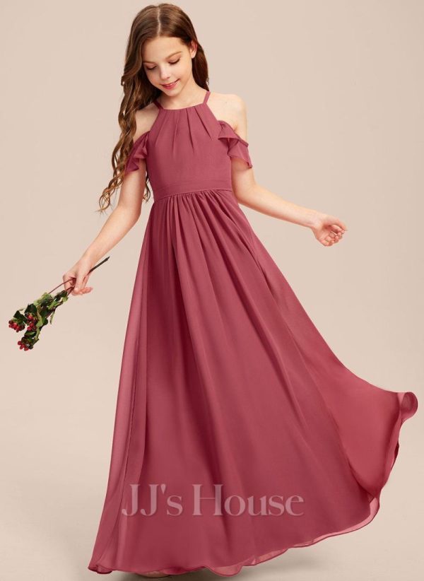 Junior Bridesmaid Dresses | A-line Halter Floor-Length Chiffon Junior Bridesmaid Dress Cinnamon Rose – Girls