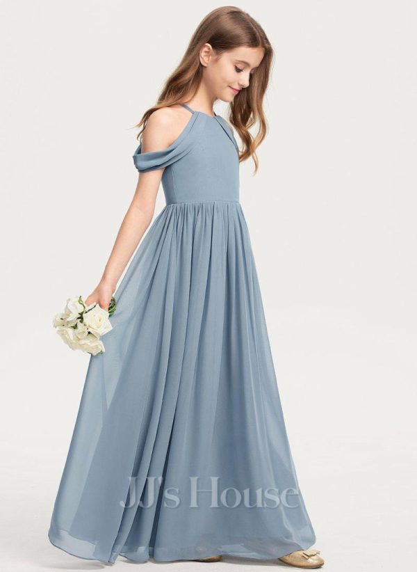 Junior Bridesmaid Dresses | A-line Halter Floor-Length Chiffon Junior Bridesmaid Dress Dusty Blue – Girls