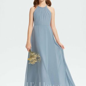 Junior Bridesmaid Dresses | A-line Halter Floor-Length Chiffon Junior Bridesmaid Dress Dusty Blue – Girls