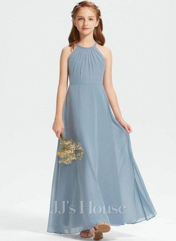 Junior Bridesmaid Dresses | A-line Halter Floor-Length Chiffon Junior Bridesmaid Dress Dusty Blue – Girls