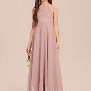 Junior Bridesmaid Dresses | A-line Halter Floor-Length Chiffon Junior Bridesmaid Dress Dusty Rose – Girls