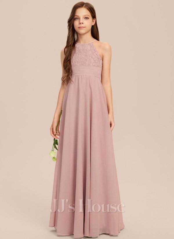 Junior Bridesmaid Dresses | A-line Halter Floor-Length Chiffon Junior Bridesmaid Dress Dusty Rose – Girls