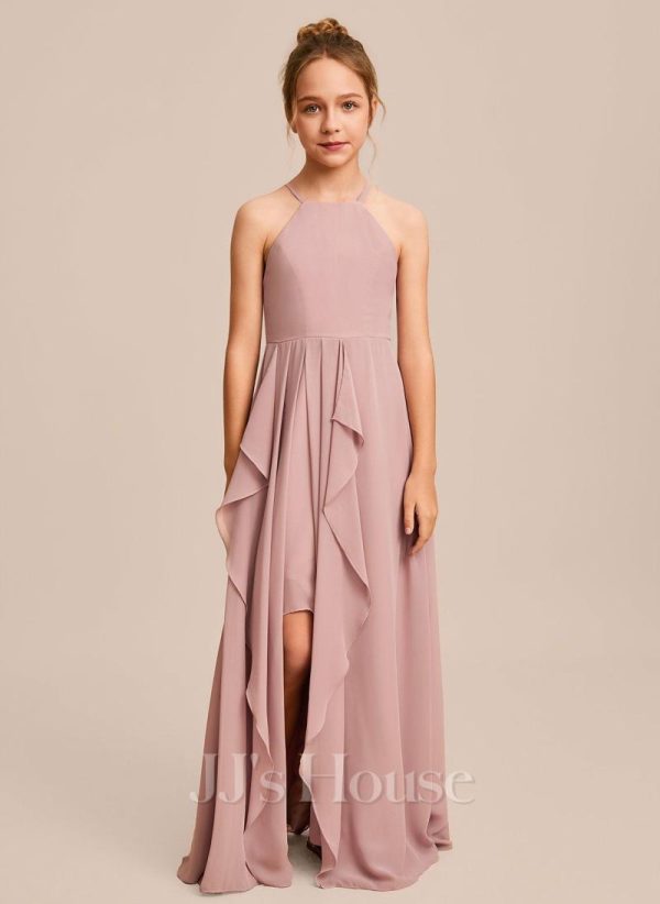 Junior Bridesmaid Dresses | A-line Halter Floor-Length Chiffon Junior Bridesmaid Dress Dusty Rose – Girls