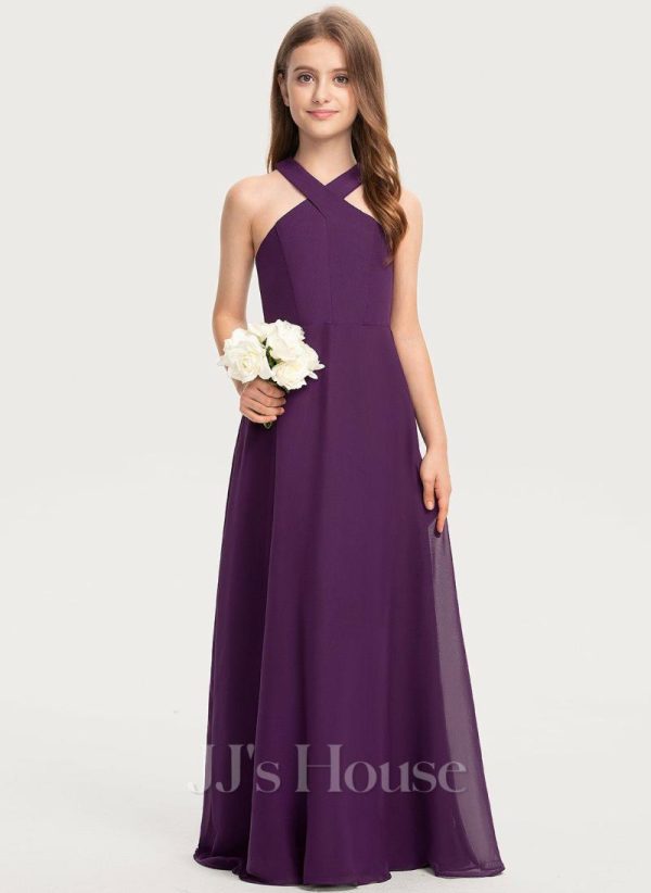 Junior Bridesmaid Dresses | A-line Halter Floor-Length Chiffon Junior Bridesmaid Dress Grape – Girls