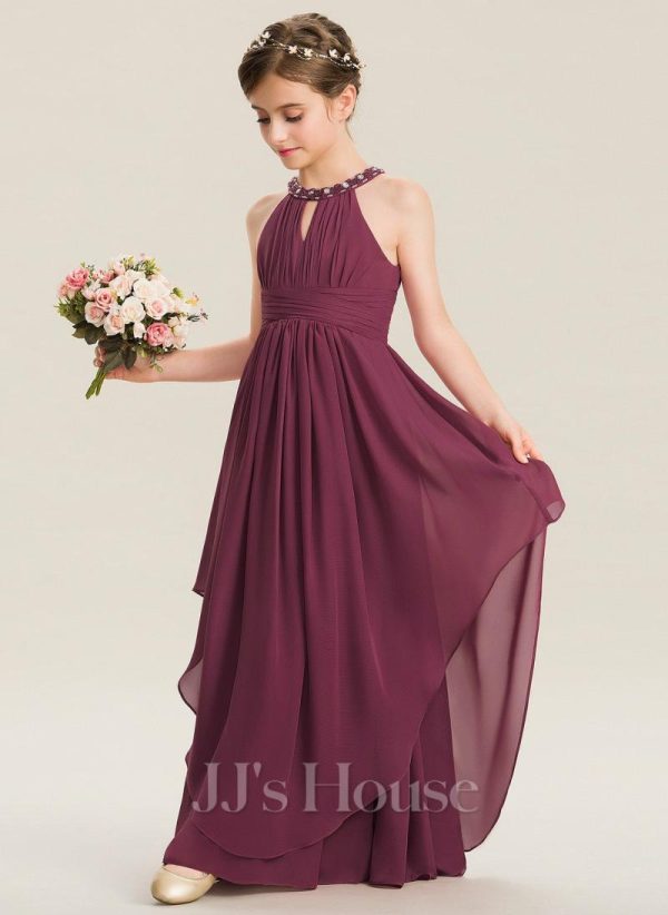 Junior Bridesmaid Dresses | A-line Halter Floor-Length Chiffon Junior Bridesmaid Dress With Beading Mulberry – Girls