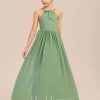 Junior Bridesmaid Dresses | A-line Halter Floor-Length Chiffon Junior Bridesmaid Dress With Bow Basil – Girls