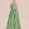 Junior Bridesmaid Dresses | A-line Halter Floor-Length Chiffon Junior Bridesmaid Dress With Bow Basil – Girls