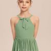 Junior Bridesmaid Dresses | A-line Halter Floor-Length Chiffon Junior Bridesmaid Dress With Bow Basil – Girls