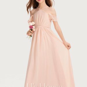 Junior Bridesmaid Dresses | A-line Halter Floor-Length Chiffon Junior Bridesmaid Dress With Bow Pearl Pink – Girls