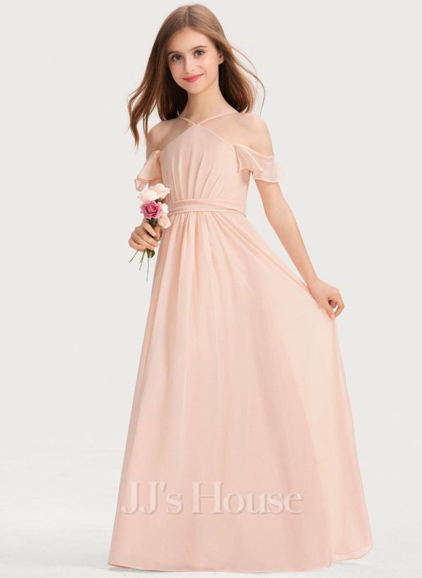 Junior Bridesmaid Dresses | A-line Halter Floor-Length Chiffon Junior Bridesmaid Dress With Bow Pearl Pink – Girls