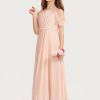 Junior Bridesmaid Dresses | A-line Halter Floor-Length Chiffon Junior Bridesmaid Dress With Bow Pearl Pink – Girls