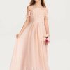 Junior Bridesmaid Dresses | A-line Halter Floor-Length Chiffon Junior Bridesmaid Dress With Bow Pearl Pink – Girls