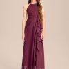 Junior Bridesmaid Dresses | A-line Halter Floor-Length Chiffon Junior Bridesmaid Dress With Cascading Ruffles Mulberry – Girls