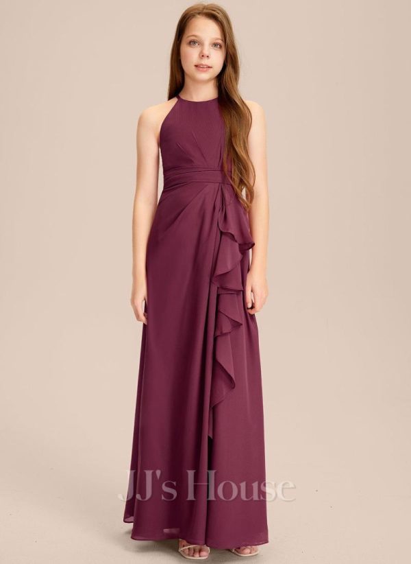 Junior Bridesmaid Dresses | A-line Halter Floor-Length Chiffon Junior Bridesmaid Dress With Cascading Ruffles Mulberry – Girls