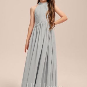 Junior Bridesmaid Dresses | A-line Halter Floor-Length Chiffon Junior Bridesmaid Dress With Pleated Silver – Girls