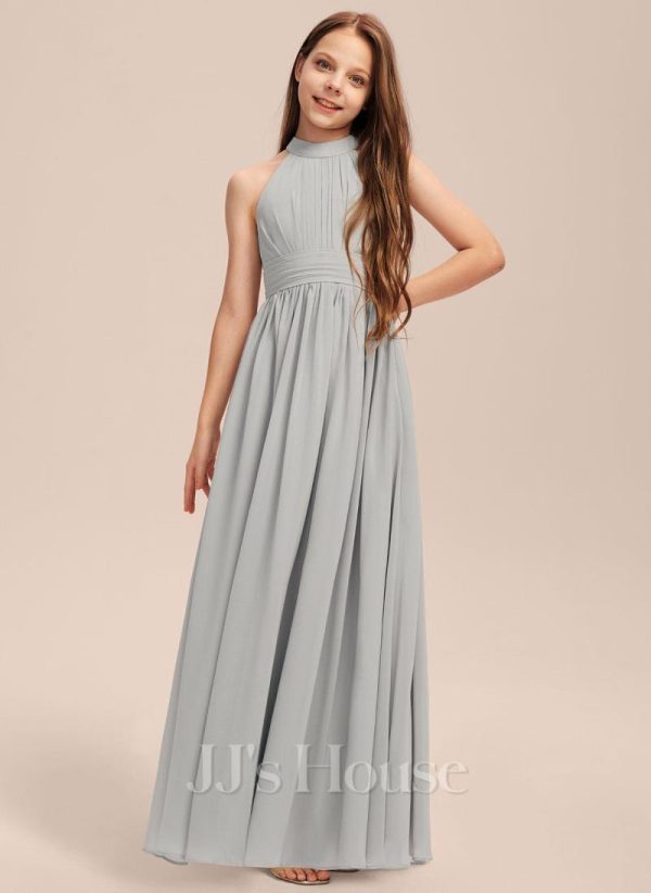 Junior Bridesmaid Dresses | A-line Halter Floor-Length Chiffon Junior Bridesmaid Dress With Pleated Silver – Girls