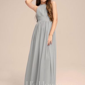 Junior Bridesmaid Dresses | A-line Halter Floor-Length Chiffon Junior Bridesmaid Dress With Pleated Silver – Girls