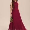 Junior Bridesmaid Dresses | A-line Halter Floor-Length Chiffon Lace Junior Bridesmaid Dress Burgundy – Girls