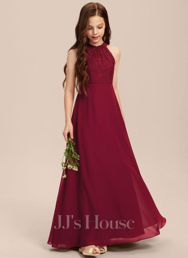 Junior Bridesmaid Dresses | A-line Halter Floor-Length Chiffon Lace Junior Bridesmaid Dress Burgundy – Girls