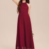 Junior Bridesmaid Dresses | A-line Halter Floor-Length Chiffon Lace Junior Bridesmaid Dress Burgundy – Girls