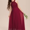 Junior Bridesmaid Dresses | A-line Halter Floor-Length Chiffon Lace Junior Bridesmaid Dress Burgundy – Girls