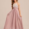 Junior Bridesmaid Dresses | A-line Halter Floor-Length Chiffon Lace Junior Bridesmaid Dress Dusty Rose – Girls