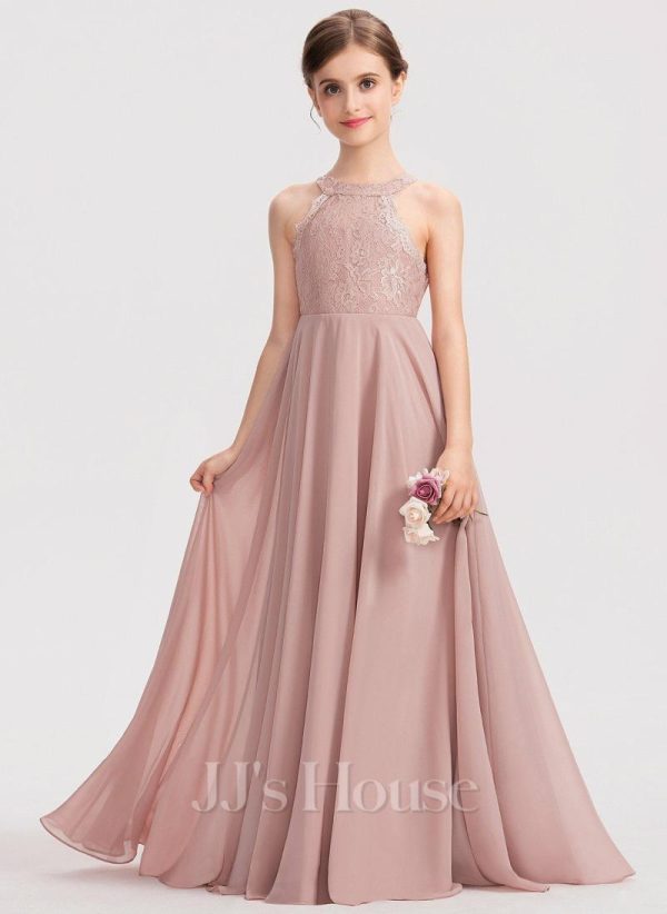 Junior Bridesmaid Dresses | A-line Halter Floor-Length Chiffon Lace Junior Bridesmaid Dress Dusty Rose – Girls